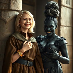 Inside a medieval room, next to a stone pillar, stands a very happy young woman with medium-length blonde hair, appearing around 19 years old, with a short stature