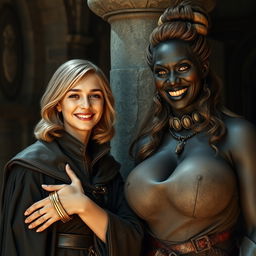 Inside a medieval room, next to a stone pillar, stands a very happy young woman with medium-length blonde hair, appearing around 19 years old, with a short stature