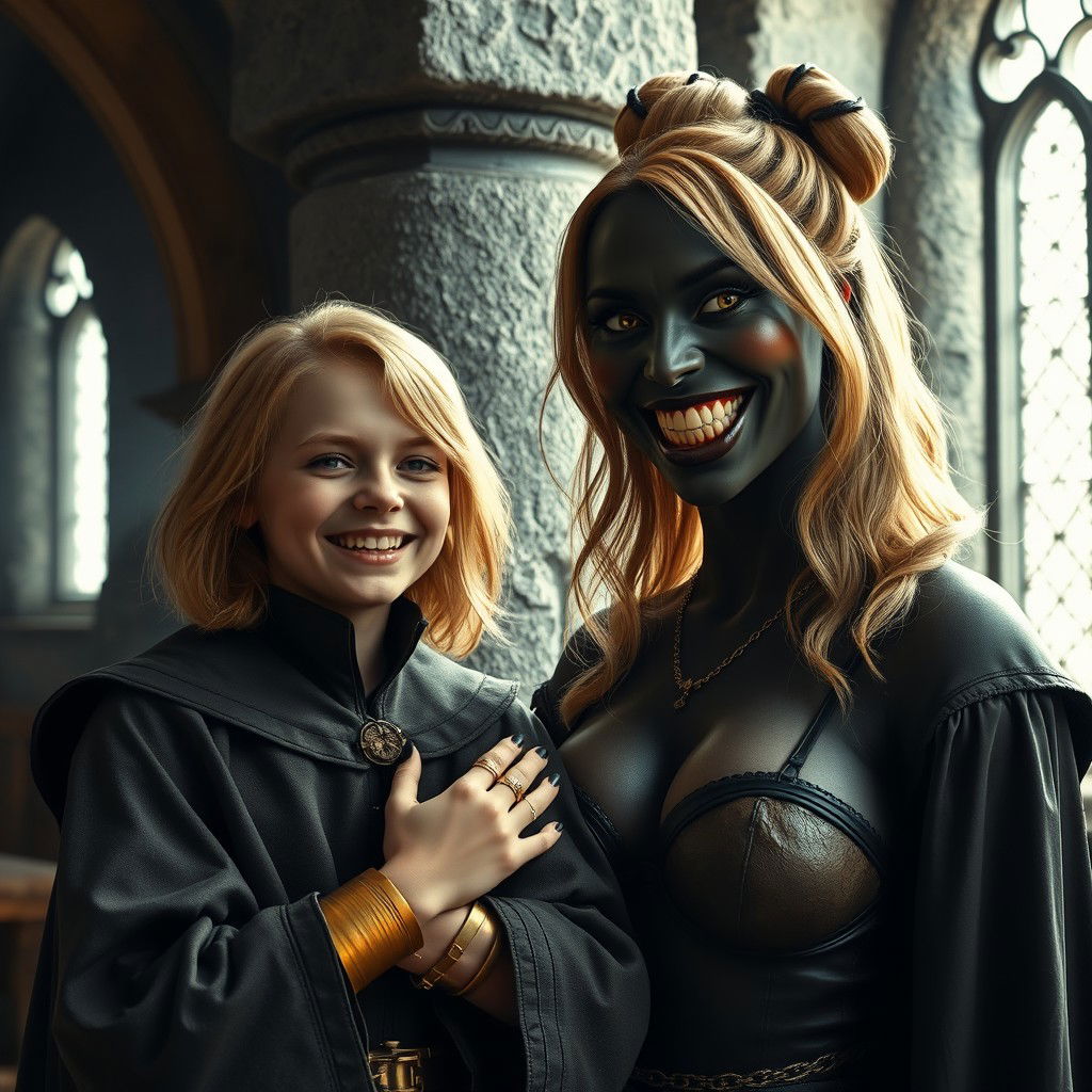 Inside a medieval room next to a stone pillar, a very happy young woman with medium-length blonde hair, looking around 19 years old and notably short