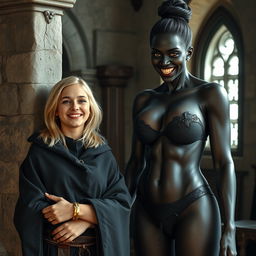 Inside a medieval room next to a stone pillar, a very happy young woman with medium-length blonde hair, looking around 19 years old and notably short