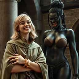 Inside a medieval room next to a stone pillar, a very happy young woman with medium-length blonde hair, looking around 19 years old and notably short