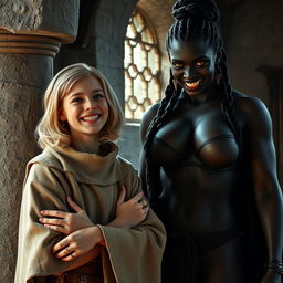 Inside a medieval room next to a stone pillar, a very happy young woman with medium-length blonde hair, looking around 19 years old and notably short