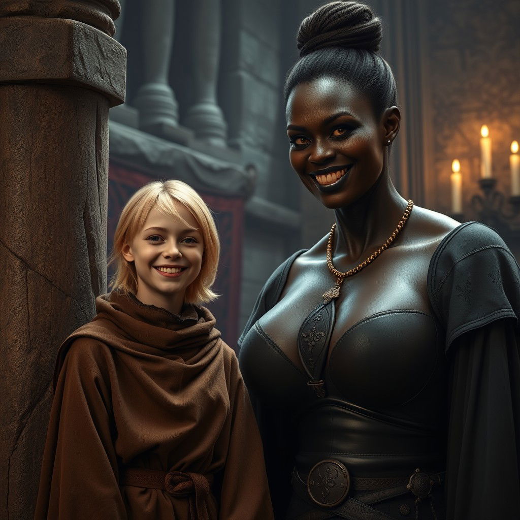 In a medieval room next to a stone pillar, a very happy, undernourished young blonde woman, aged 19, stands smiling