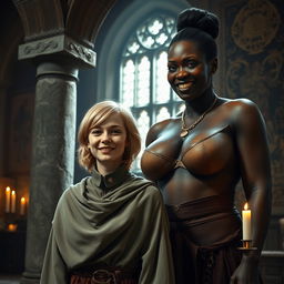 In a medieval room next to a stone pillar, a very happy, undernourished young blonde woman, aged 19, stands smiling