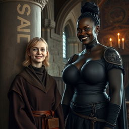 In a medieval room next to a stone pillar, a very happy, undernourished young blonde woman, aged 19, stands smiling