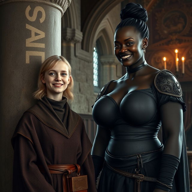 In a medieval room next to a stone pillar, a very happy, undernourished young blonde woman, aged 19, stands smiling
