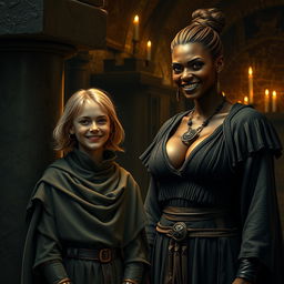 In a medieval room next to a stone pillar, a very happy, undernourished young blonde woman, aged 19, stands smiling