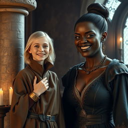 In a medieval room next to a stone pillar, a very happy, undernourished young blonde woman, aged 19, stands smiling