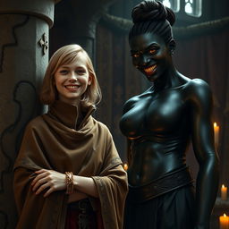 In a medieval room next to a stone pillar, a very happy, undernourished young blonde woman, aged 19, stands smiling