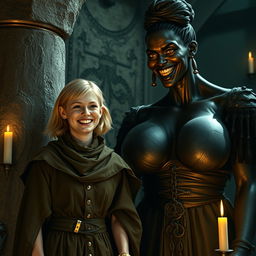 In a medieval room next to a stone pillar, a very happy, undernourished young blonde woman, aged 19, stands smiling