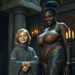 In a medieval room next to a stone pillar, a very happy, undernourished young blonde woman, aged 19, stands with a joyful expression