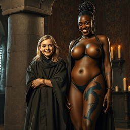 In a medieval room next to a stone pillar, a very happy, undernourished young blonde woman, aged 19, stands with a joyful expression