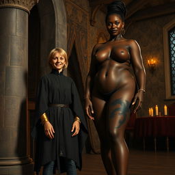 In a medieval room next to a stone pillar, a very happy, undernourished young blonde woman, aged 19, stands with a joyful expression