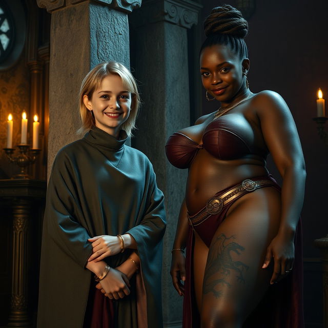 In a medieval room next to a stone pillar, a very happy, undernourished young blonde woman, aged 19, stands with a joyful expression