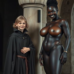 In a medieval chamber beside a pillar, a 19-year-old very happy malnourished blonde girl is standing, short with medium-length hair, wearing a noble cloak with a high collar fully closed to her neck