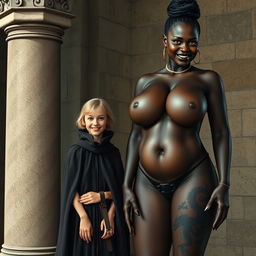 In a medieval chamber beside a pillar, a 19-year-old very happy malnourished blonde girl is standing, short with medium-length hair, wearing a noble cloak with a high collar fully closed to her neck