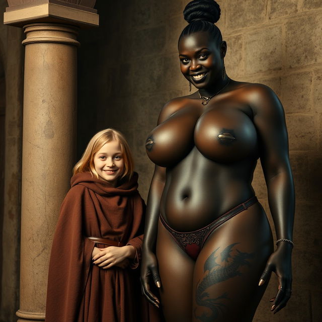 In a medieval chamber beside a pillar, a 19-year-old very happy malnourished blonde girl is standing, short with medium-length hair, wearing a noble cloak with a high collar fully closed to her neck