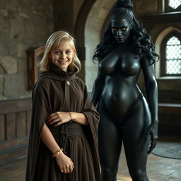 In a medieval room, a 19-year-old very happy malnourished blonde girl is standing, short with medium-length hair, wearing a noble cloak with a high collar fully closed to her neck and adorned with a thick gold bracelet