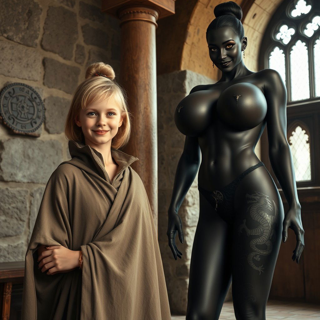 In a medieval room, a very happy 19-year-old malnourished blonde girl stands beside a pillar, short with medium-length hair and blue eyes