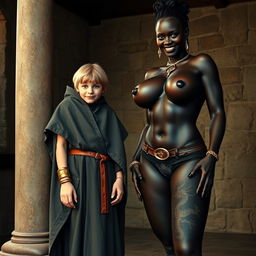 In a medieval room, a very happy 19-year-old malnourished blonde girl stands beside a pillar, short with medium-length hair and blue eyes