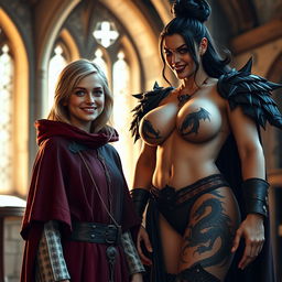 In a medieval room, a very happy young blonde woman, 19 years old, short in stature with medium-length hair, sparkling blue eyes, wearing a noble mantle with a high collar that closes completely up to her neck