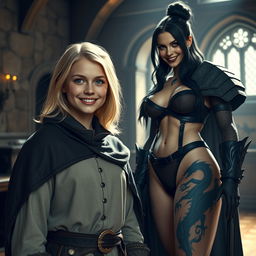 In a medieval room, a very happy young blonde woman, 19 years old, short in stature with medium-length hair, sparkling blue eyes, wearing a noble mantle with a high collar that closes completely up to her neck