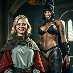 In a medieval room, a very happy young blonde woman, 19 years old, short in stature with medium-length hair, sparkling blue eyes, wearing a noble mantle with a high collar that closes completely up to her neck