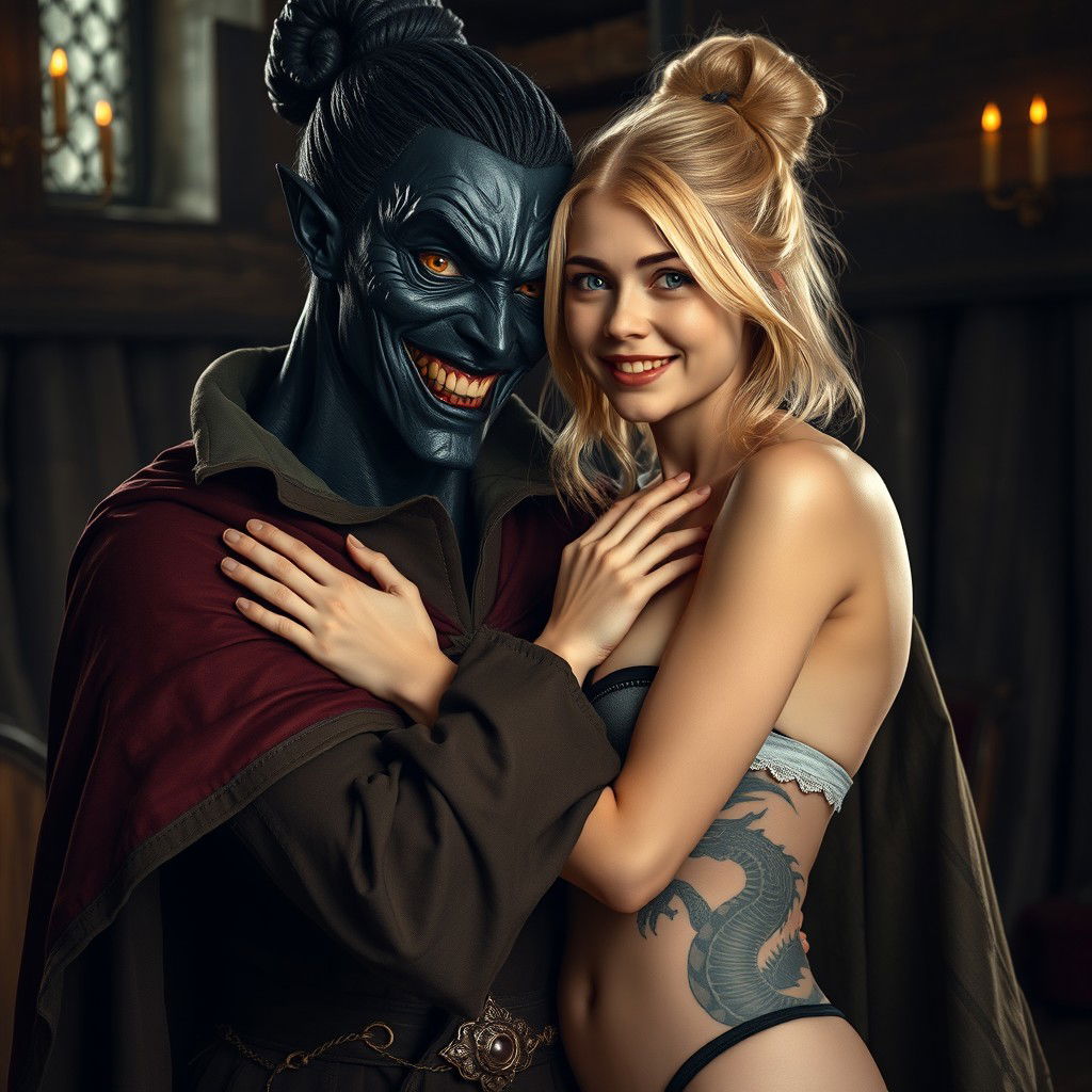 In a medieval room, a very happy 19-year-old young blonde woman, who appears malnourished, with medium-length hair, sparkling blue eyes, and wearing a noble mantle with a high collar that closes completely up to her neck