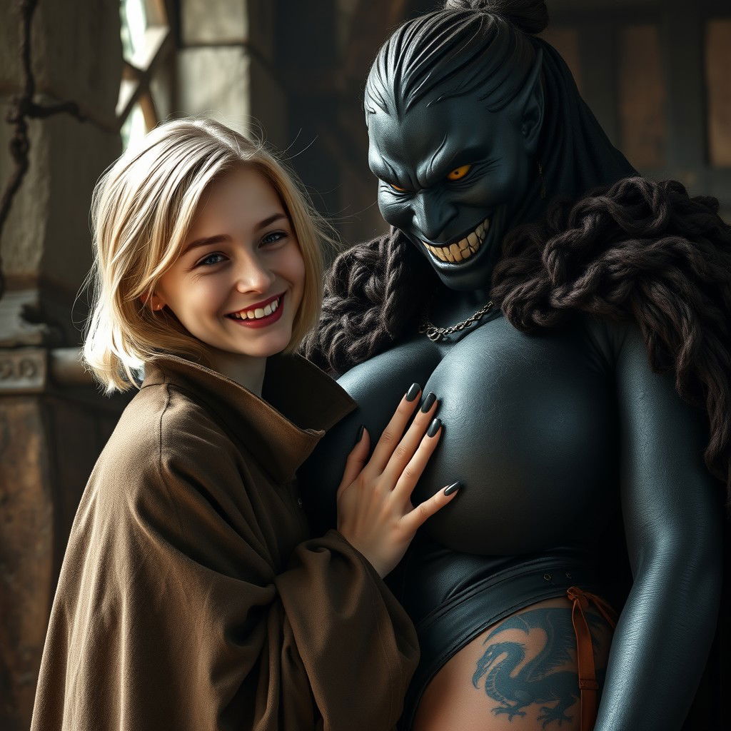 In a medieval room, a very happy 19-year-old young blonde woman, who appears malnourished, is short with medium-length hair, bright blue eyes, and wearing a noble mantle with a high collar that completely closes up to her neck