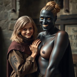 In a medieval room, a very happy 19-year-old young blonde woman, who appears malnourished, is short with medium-length hair, bright blue eyes, and wearing a noble mantle with a high collar that completely closes up to her neck