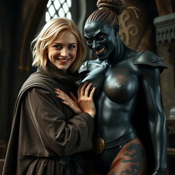 In a medieval room, a very happy 19-year-old young blonde woman, who appears malnourished, is short with medium-length hair, bright blue eyes, and wearing a noble mantle with a high collar that completely closes up to her neck