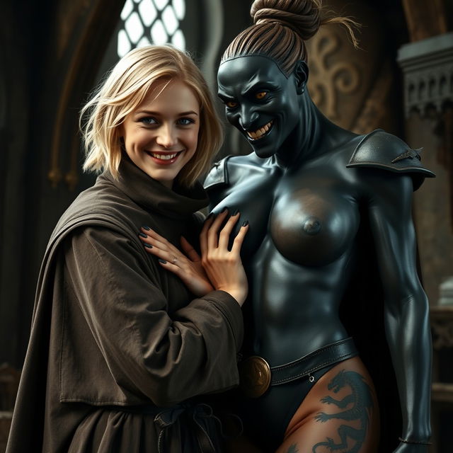 In a medieval room, a very happy 19-year-old young blonde woman, who appears malnourished, is short with medium-length hair, bright blue eyes, and wearing a noble mantle with a high collar that completely closes up to her neck