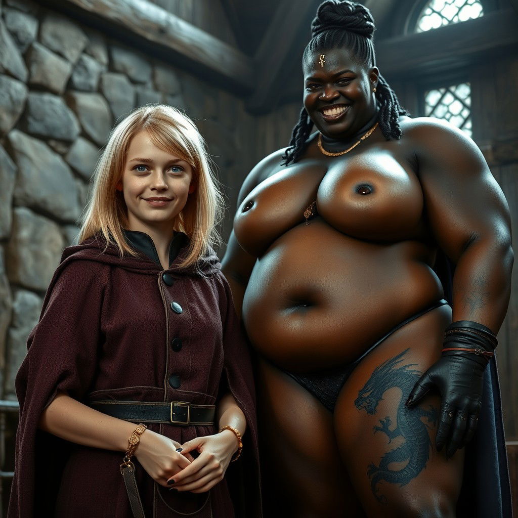 In a medieval room, a very happy, emaciated 19-year-old blonde girl with medium-length hair, wearing a noble cloak with a high collar and long closure, adorned with a thick gold bracelet and with bright blue eyes