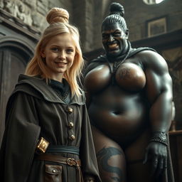 In a medieval room, a very happy, emaciated 19-year-old blonde girl with medium-length hair, wearing a noble cloak with a high collar and long closure, adorned with a thick gold bracelet and with bright blue eyes