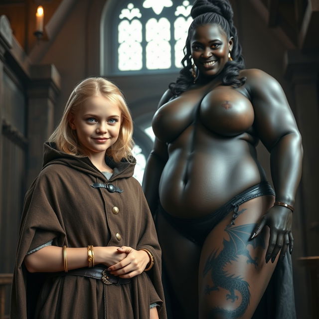 In a medieval room, a very happy, emaciated 19-year-old blonde girl with medium-length hair, wearing a noble cloak with a high collar and long closure, adorned with a thick gold bracelet and with bright blue eyes