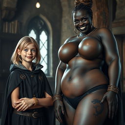 In a medieval room, a very happy, emaciated 19-year-old blonde girl with medium-length hair, wearing a noble cloak with a high collar and long closure, adorned with a thick gold bracelet and bright blue eyes