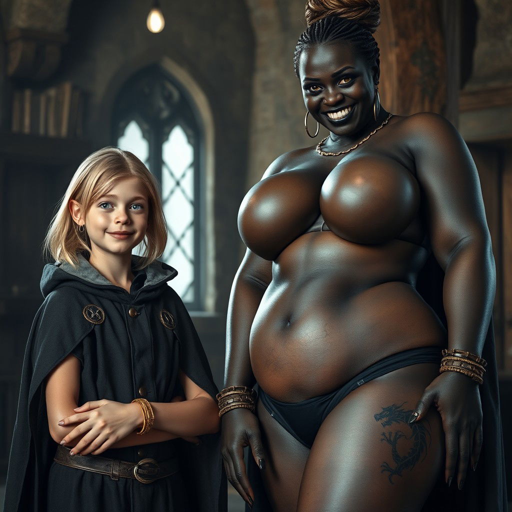 In a medieval room, a very happy, emaciated 19-year-old blonde girl with medium-length hair, wearing a noble cloak with a high collar and long closure, adorned with a thick gold bracelet and bright blue eyes