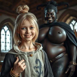 In a medieval room, a very happy, emaciated 19-year-old blonde girl with medium-length hair, wearing a noble cloak with a high collar and long closure, adorned with a thick gold bracelet and bright blue eyes