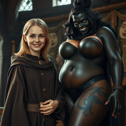 In a medieval room, a very happy, emaciated 19-year-old blonde girl with medium-length hair, wearing a noble cloak with a high collar and long closure, adorned with a thick gold bracelet and bright blue eyes