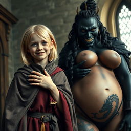 In a medieval room, a very happy, emaciated 19-year-old blonde girl with medium-length hair, dressed in a noble cloak with a high collar, closes to her neck, accompanied by an imposing black woman with an evil grin