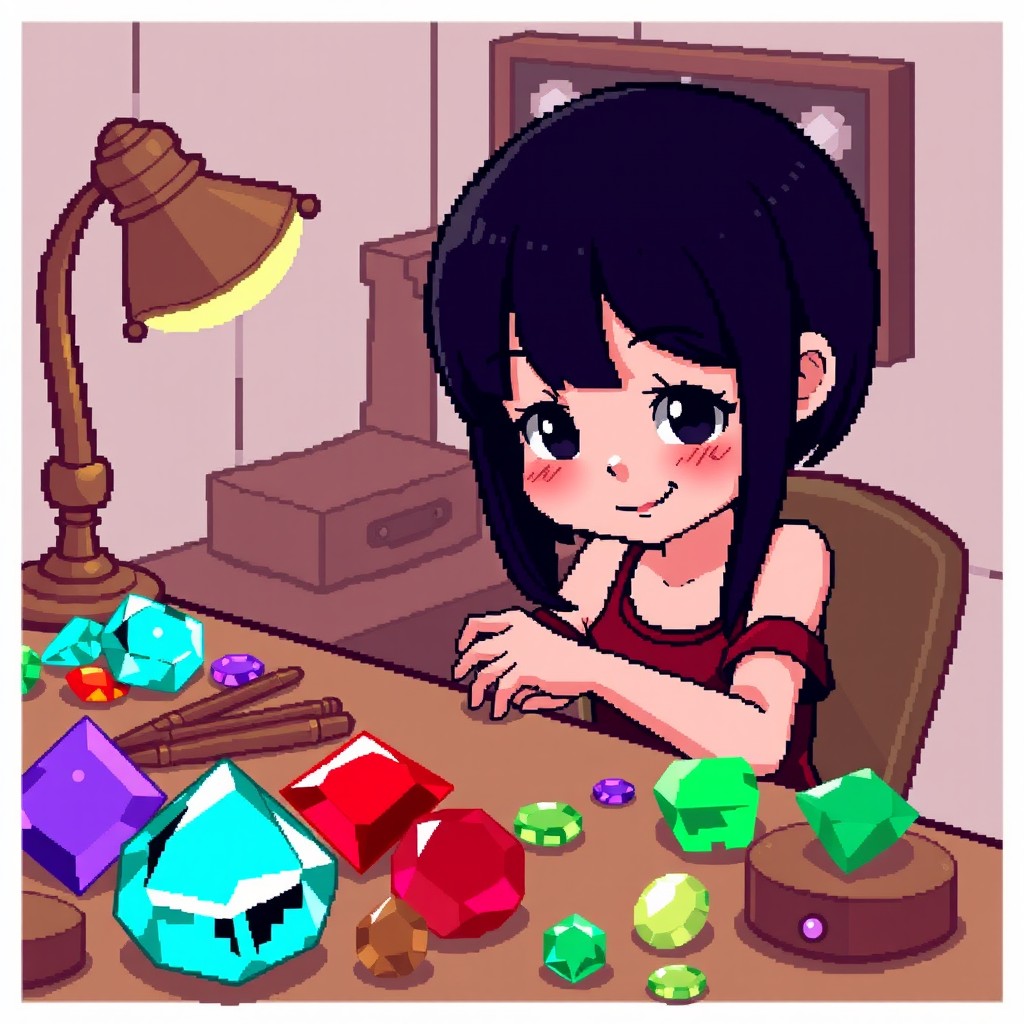 A girl with straight dark hair sitting at a jeweler's table in an 8-bit video game style