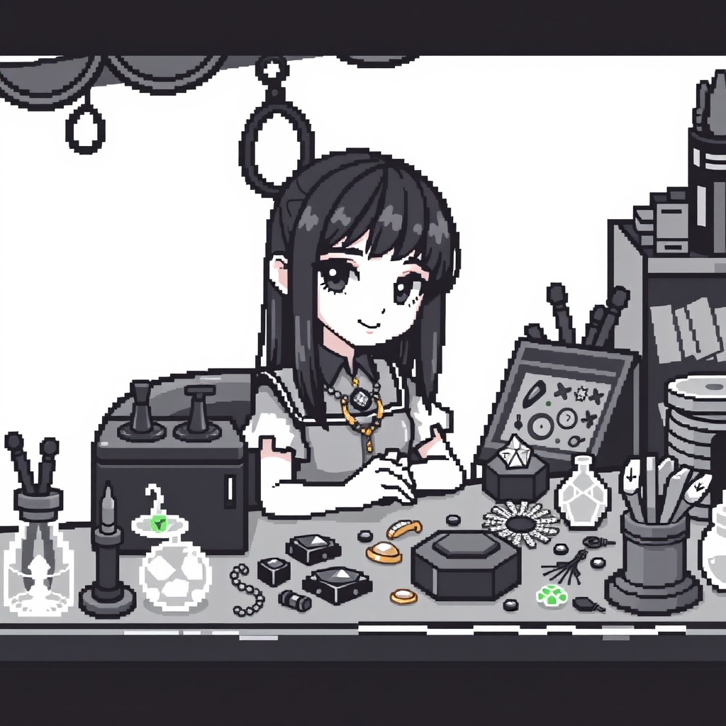 A young girl jeweler with straight dark hair sitting at a jeweler's table, showcasing her craftsmanship in a pixel art style resembling 8-bit graphics, inspired by the Undertale game aesthetic