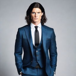 A tall and muscular man with dark blue eyes, white skin, and wavy black hair. He has a less defined jawline and is garbed in a fashionable suit.