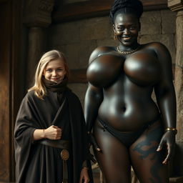 In a medieval room, a very happy, undernourished blonde girl, 19 years old, short with medium-length hair, wearing a noble mantle with a high collar, completely closed, and a thick gold bracelet on her wrist