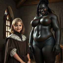 In a medieval room, a very happy, undernourished blonde girl, 19 years old, short with medium-length hair, wearing a noble mantle with a high collar, completely closed, and a thick gold bracelet on her wrist