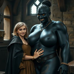 In a medieval room, a very happy, undernourished blonde girl, 19 years old, short with medium-length hair, wearing a noble mantle with a high collar, completely closed, and a thick gold bracelet on her wrist