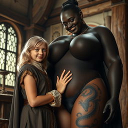 In a medieval room, a very happy, undernourished blonde girl, 19 years old, short with medium-length hair, wearing a noble mantle with a high collar, completely closed, and a thick gold bracelet on her wrist