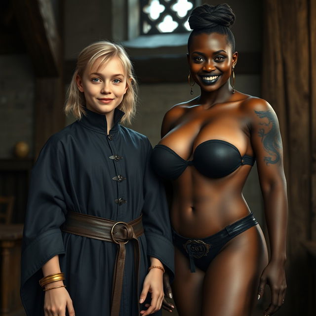 In a medieval room, a very happy, undernourished blonde girl, 19 years old, short with medium-length hair, wearing a noble mantle with a high collar, completely closed, and a thick gold bracelet on her wrist