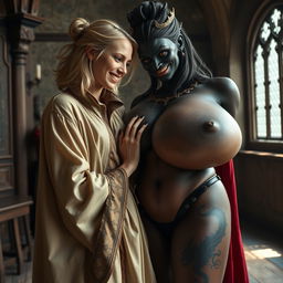 In a medieval room, a very happy and emaciated young blonde woman, 19 years old, with medium-length hair and blue eyes, is wearing an elegantly closed noble robe with a high collar up to her neck