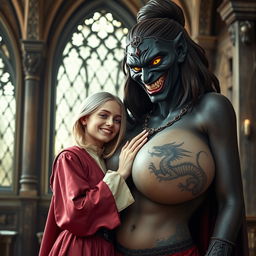 In a medieval room, a very happy and emaciated young blonde woman, 19 years old, with medium-length hair and blue eyes, is wearing an elegantly closed noble robe with a high collar up to her neck